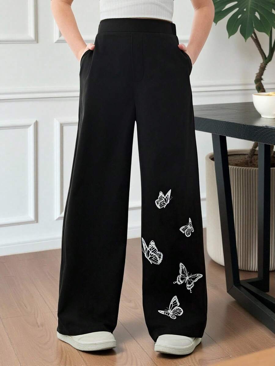 SHEIN Pantalones casuales sueltos y de pierna ancha con estampado colocado de mariposas tejidas para niñas preadolescentes, apropiados para salidas de primavera, campo, fiestas de té en el jardín, salidas casuales, regreso a la escuela, y combinados con la mamá