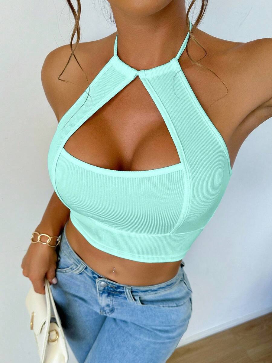 BamGleam Áo ba lỗ hở lưng hở gân màu trơn không tay cho nữ - Màu xanh nhạt - Xem 1