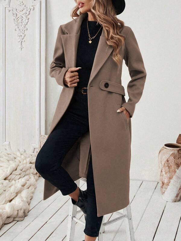 Calvaya Fashionable Versatile Camel Notched Collar Overcoat With Belt, Autumn/Winter