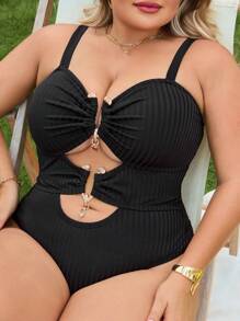 SHEIN CURVE+ Plus Size Women's Gold Accent Detachable Strap One-Piece Swimsuit, Beach Wear For Summer Beach Vacation