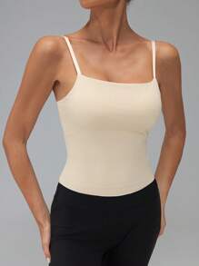 SHEIN Tall Women's Solid Color Simple Casual Camisole With Padded Bust - Beige - View 7