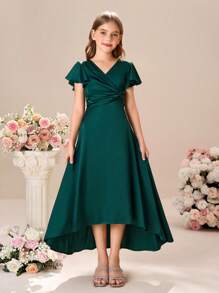 Tween Girls' Elegant Short Sleeve Midi Dress In Deep Green, Summer - Green - View 3