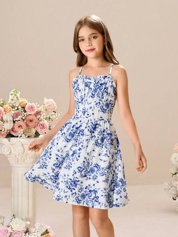 Rochie din șifon cu imprimeu floral și bretele, pentru fete Tween