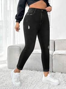 Firerie Blugi din denim casual cu dimensiuni mari, cu nasturi în față, cu buzunare multiple