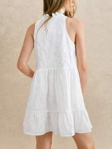 Écloséra 法式复古荷叶边领无袖半扣A字连衣裙，白色刺绣镂空设计女装