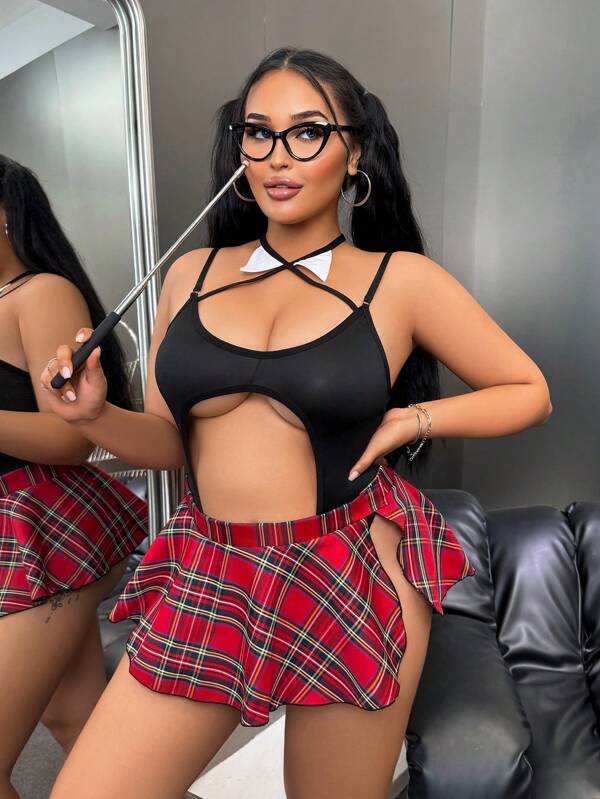 Fantasy Costume 2pcs Sexy Curve Cosplay Costume, Cheerleader Style, Sheer, Campus Inspired, Energetic, Plus Size, Lingerie, Black & White Plaid, Music Festival, Party Wear