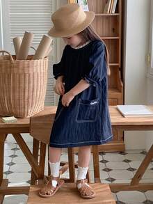 Hapijoa 少女圆领休闲水洗韩版可爱中长牛仔连衣裙 - 深色水洗藍 - 查看 3
