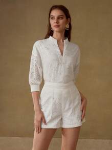 MOTF PREMIUM 孔眼刺绣缺口衬衫 - 白色 - 查看 6