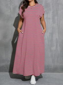 SHEIN Essnce Plus Size Women's Round Neck Waisted Black & White Striped Side Pockets Long Sleeve Dress