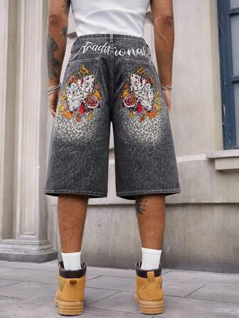 Street Life Shorts en jean vintage pour hommes avec imprimé léopard et broderie