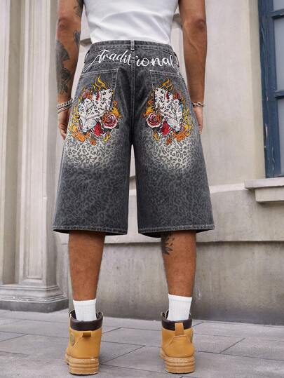 Men's Street Life Vintage Leopard Print Embroidered Denim Shorts