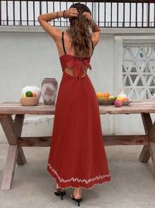 SHEIN Frenchy Women's Floral Embroidered Casual Spaghetti Strap Mid-Length Dress, Summer Holiday Christmas Beach - Redwood - View 2