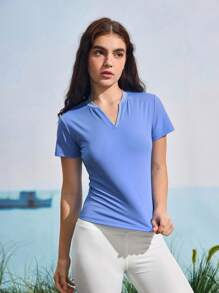 In My Nature 女士纯色V领短袖户外T恤 - 藍色 - 查看 8