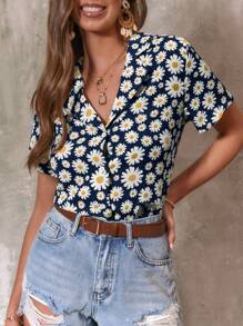 SHEIN VCAY 雛菊印花西裝領襯衫 - 藏蓝色 - 查看 5