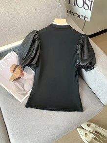 Modelyn 女式纽扣镂空泡泡袖修身上衣 - 黑色 - 查看 2
