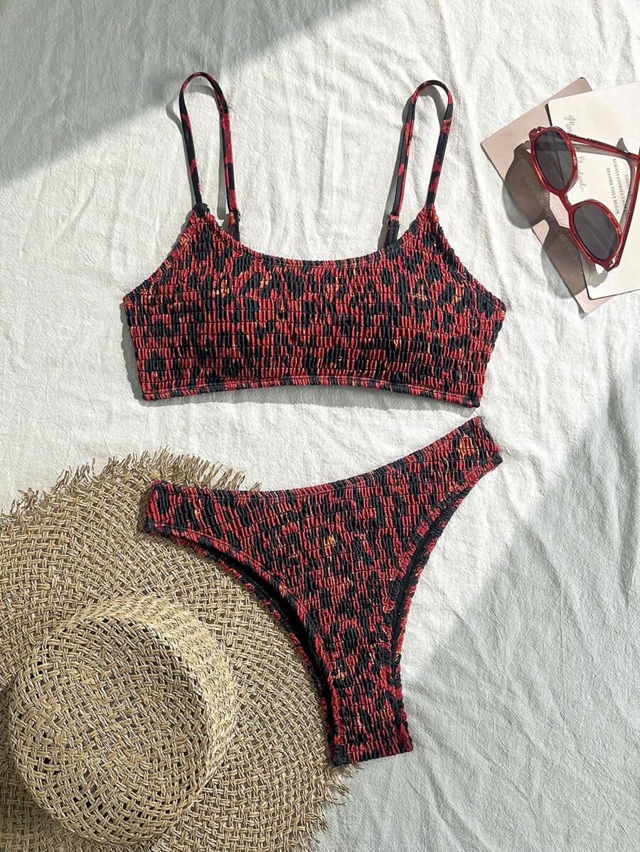 Swim Vcay Popular Tropical Flower Print Ruffled Halter Neck Tankini Bikini Set Set, Beach Vacation Beach Party Swimwear For Summer - Multicolor - View 1