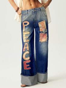 Bohemela Damen weite Jeans mit Buchstaben Applikation und Taschen, verwaschen - Dunkle Waschung - Übersicht 4