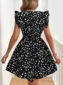 SHEIN Frenchy Women Simple Print V-Neck Short Cap Sleeve Mini Dress Summer Black Casual - Black - View 2