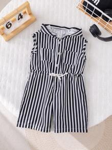 SHEIN Combinaison à capuche rayée noire et blanche style coréen décontracté d'été pour bébé garçon nouveau-né. Combinaison rayée pour enfants - Multicolore - Voir 3
