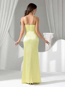 Coutiva Vestido de noche largo y transparente negro con brillos y diamantes para mujer - Amarillo - Ver 2