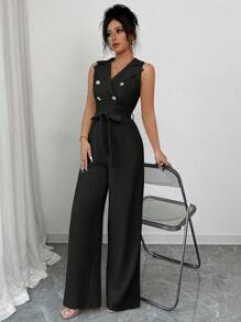 Elenzga 新款优雅休闲领口双排扣系腰女式连体裤，无袖修身款，春夏 - 黑色 - 查看 5