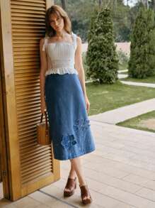 MOTF PREMIUM EMBROIDERY FLORAL PATTERN APPLIQUES SPLIT BACK DENIM SKIRT - Blue - View 6