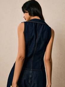 Poéselle Nouveau Top en denim sans manches avec boutons métalliques pour femmes/Top bleu foncé/Automne/Bureau pour femmes/Anniversaire/Sortie pour femmes/Top en denim foncé pour enseignante/Retour à l'école Automne Hauts mignons pour femmes Hauts de sortie pour femmes Top de bureau pour femmes Travail Femme Enseignante Style Old Money