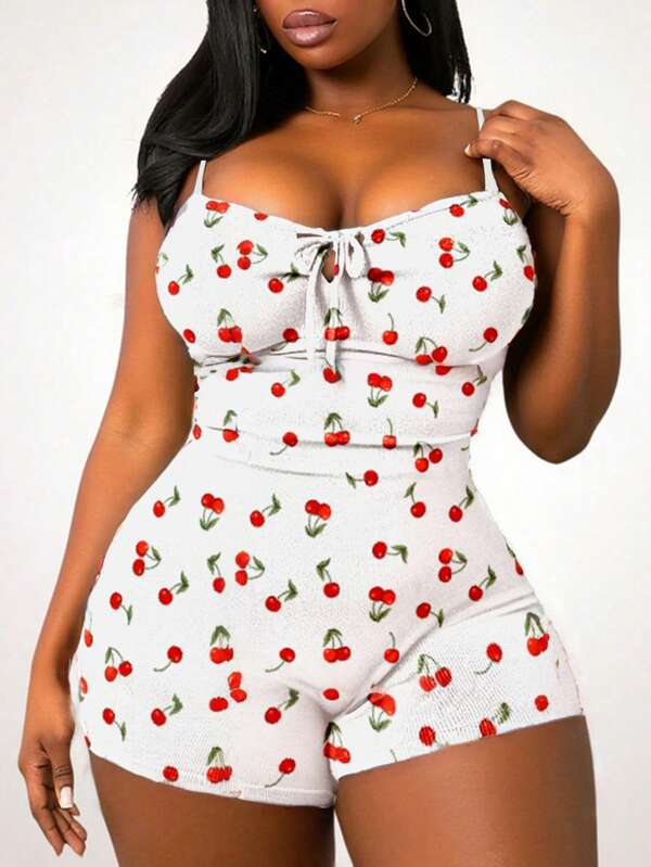 SHEIN SXY Plus Size Women's Spring&Summer Sexy Daily Basic Simple Little Cherry Printed Graphic Printing  Drawstring Bodycon Slim Fit Rompers,Jumpsuit,Suitable For Valentine's Day,,Street Style,Home,Western Wear,Music Festival,Vintage,Concert,Carnival Party,Resort,Outing,Vacation,Holiday,Date Night,Gathering,Birthday,Bachelorette Party Outfit ,Gyaru,Break,Rave,Modest,Chic,Club,Cute,Casul,Shopping, Streetwear,Going Out,Y2K,Y3K,Coquette,Easy To Match&Looks Slim,Accent Your Body,Flatter The Figure