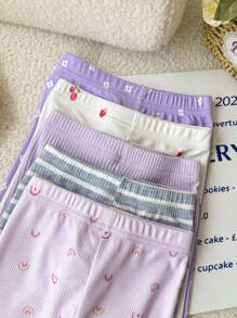 SHEIN Playful Pals 5入組嬰兒女童休閒彩虹花紋條紋印花下著套裝，適合春夏日常穿著 - 彩色 - 查看 3