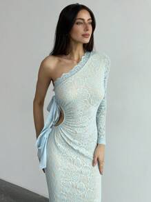 Aloruh New Romantic Lace Bowknot Shoulder Decor Sexy Asymmetrical Neck Dress