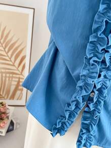 SHEIN PETITE Áo sơ mi không tay cổ chữ V xếp nếp chắp vá rộng rãi cho nữ mặc thường ngày và đi làm - Màu xanh ngọc - Xem 7