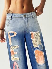 Bohemela Quần Jeans Denim Rộng Rãi Thường Ngày Thời Trang Đính Chữ Màu Xanh Cho Nữ Mùa Hè - Rửa nhẹ - Xem 3