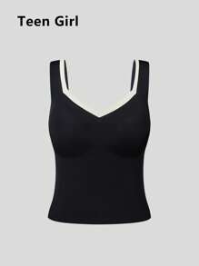 SHEIN 1pc Tween Girl Adhesive Seamless Comfortable Black Cami Top