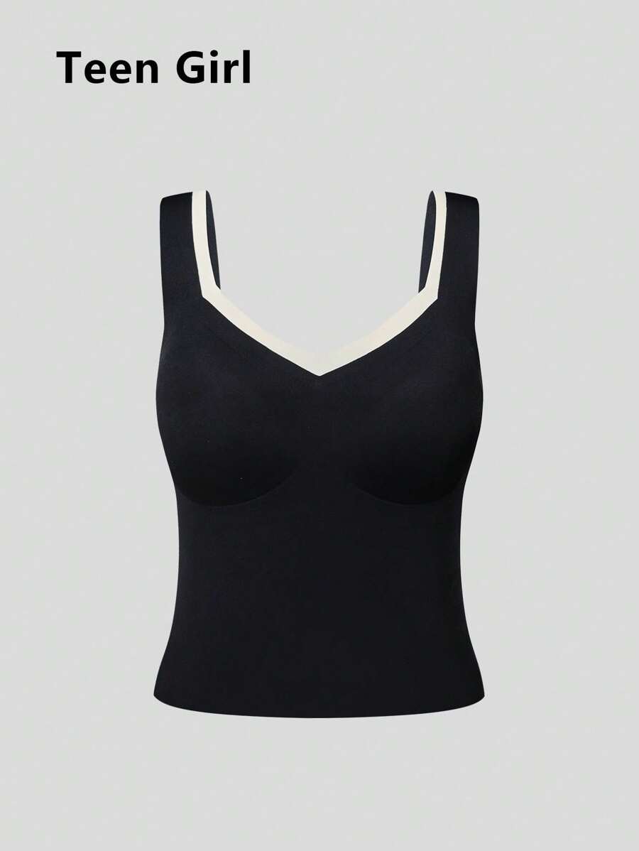 SHEIN 1pc Tween Girl Adhesive Seamless Comfortable Black Cami Top