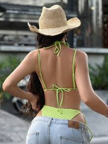 SHEIN Swim Plain Halter Bikini Set, Textured Design With Detachable Pads For Summer Beach Vacation - Green - View 2