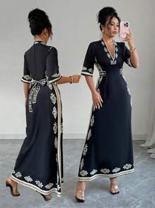 Chiquease 女式优雅印花黑金色束腰短袖连衣裙 - 黑色 - 查看 1