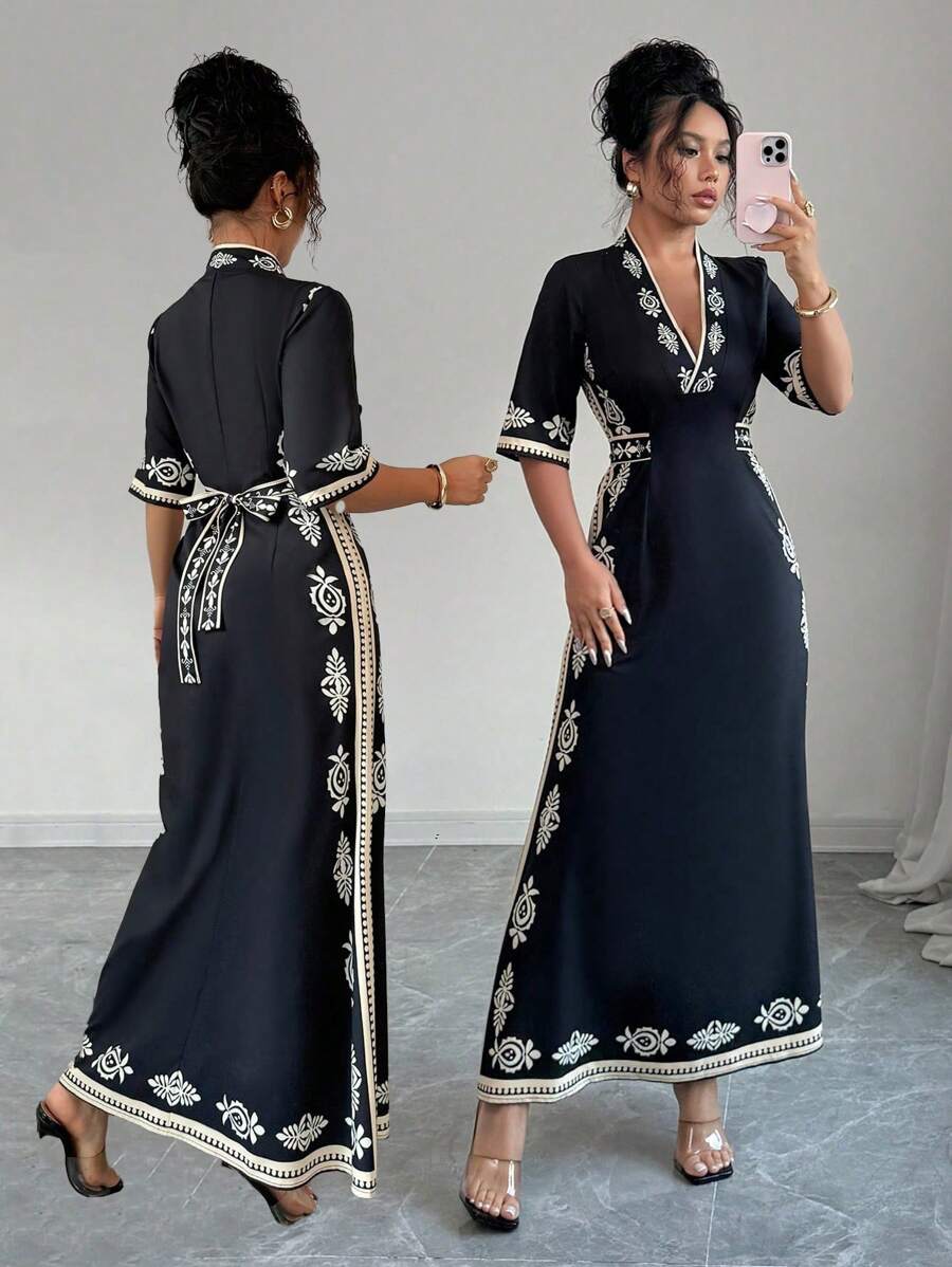 Chiquease 女式优雅印花黑金色束腰短袖连衣裙 - 黑色 - 查看 1