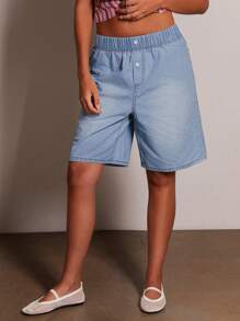 Athîral 女式青年布牛仔平角裤细节休闲中长及膝短裤，春夏