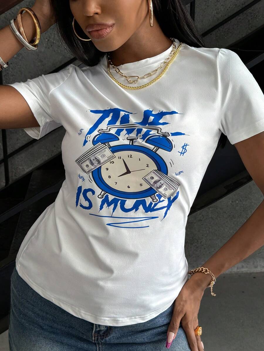 INAWLY 女士夏季短袖T恤，带有美国时钟和英文字母印花，圆领和休闲风格图案T恤女上衣 - 白色 - 查看 1