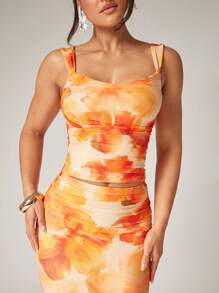Silquee 2pcs Women's Elegant Summer Beach Vacation Yellow Tie-Dye Floral Print Pleated Mesh Top And Fishtail Skirt Two-Piece Set For Spring And Summer Vacation, Beach, Suitable For Romantic Date, Wedding, Night Out, Beach Vacation, Elegant Beach Vacation, Summer Sexy, Suitable For Date Night, Suitable For Vacation, Beach, Music Festival, Suitable For Spring And Summer, Suitable For Daily Date, Night Out, Party, Gathering - Multicolor - View 5