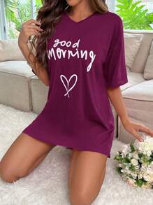 Women's Casual Slogan & Heart Print Drop Shoulder Nightdress - Red Violet - View 5