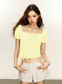 Rina Fox 方领格纹印花休闲蝴蝶结短袖侧开衩衬衫，黄色上衣 - 黃色 - 查看 1