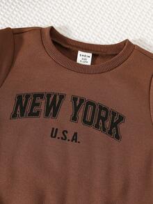 SHEIN 3 件套男婴/女婴可爱百搭针织字母图案长袖运动衫，秋冬多件装 - 卡其色 - 查看 4