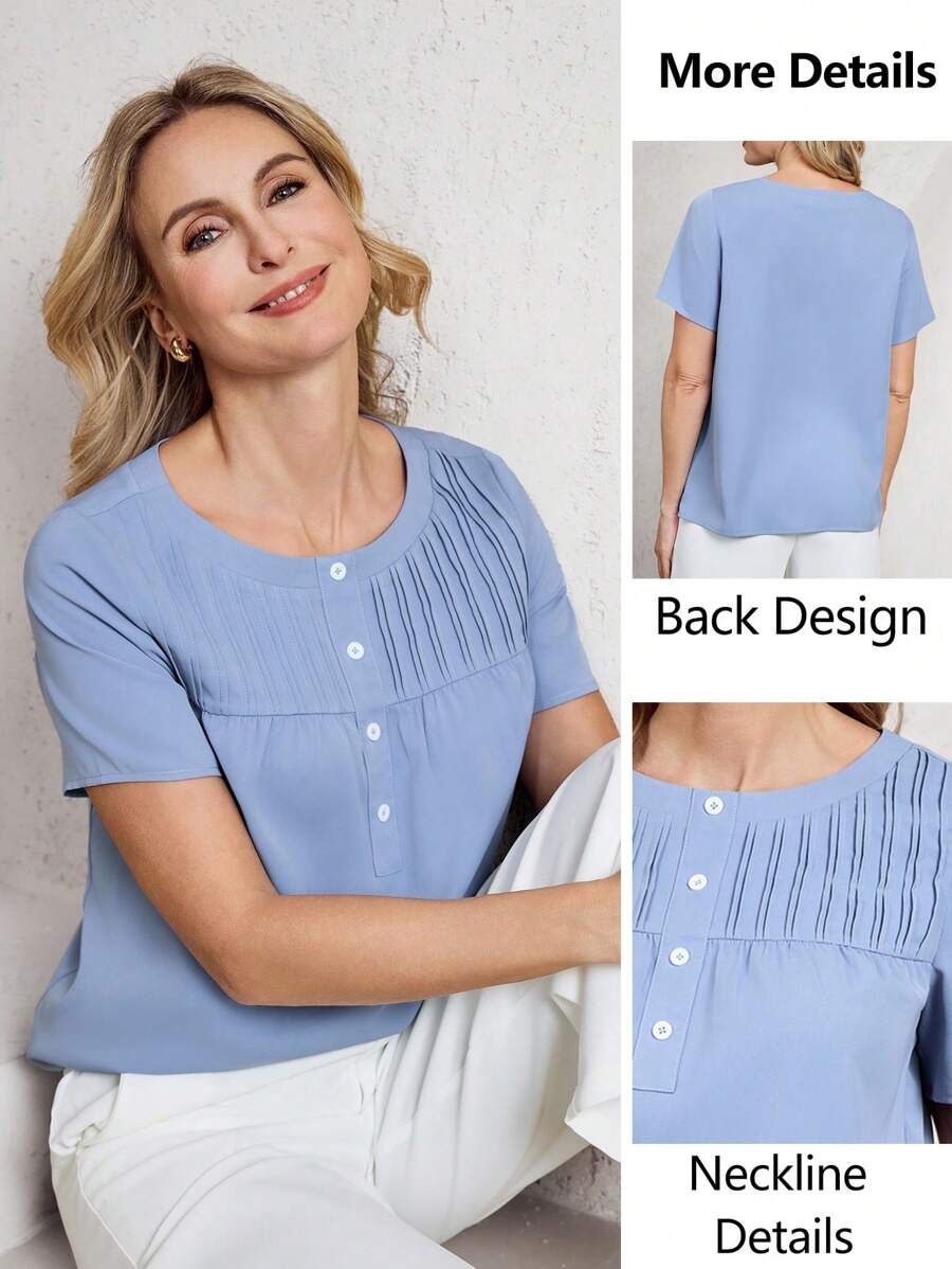 EMERY ROSE Camisa de mujer, top de verano para mujer, top corto, top para oficina para mujer, top para salir, top elegante para mujer, estilo europeo de verano - Azul - Ver 1