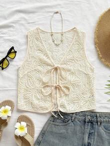 Soleia Women's White Summer Boho Beach Vacation Holiday Knitted Jacquard Embroidered V-Neck Sleeveless Cardigan Top,Crochet Knit Top With Contrast Tie Waist - Beige - View 7