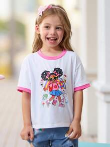SHEIN Young Girl White Summer School Back-To-School Cartoon Pattern Contrast Color Round Neck Short Sleeve T-Shirt For Kindergarten Daily Wear Photo Shoots - White - View 14