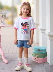 SHEIN Young Girl White Summer School Back-To-School Cartoon Pattern Contrast Color Round Neck Short Sleeve T-Shirt For Kindergarten Daily Wear Photo Shoots - White - View 6