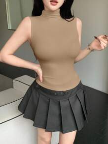 DAZY Women High Neck Bodycon Sleeveless Tank Top Preppy Tops - Khaki - View 2