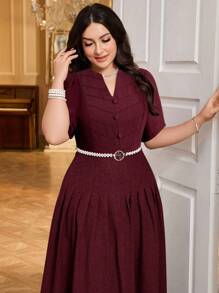 Modelyn Robe plissée à encolure encochée de couleur unie élégante grande taille