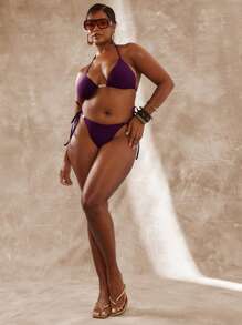 MUSERA 加大码露背金色圆盘细节系带三角比基尼上衣仅限春夏优雅度假伊比沙岛可爱泳装海滩性感